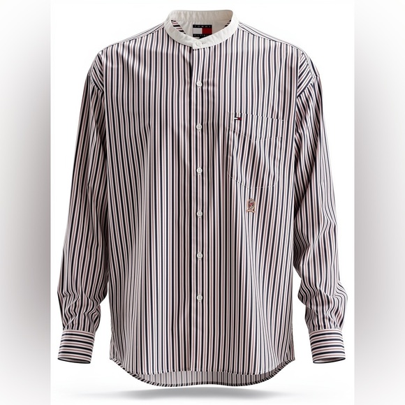 Vtg Tommy Hilfiger grandad Shirt Sz XL Crest Striped Poplin Band Collar preppy - Picture 16 of 16